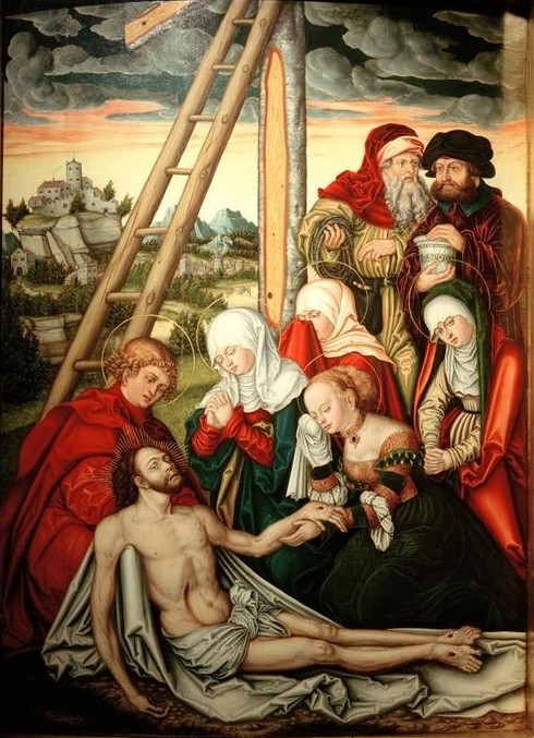 Lucas Cranach der Ältere, Beweinung Christi (Christentum, Glaube, Neues Tesament Beweinung, Kreuzabnahme, Tod, Gruppenbild, Landschaft, Leiche, Religion, Totenklage, Leiter, Pieta,  Klassiker, Renaissance, Wunschgröße, Wohnzimmer)