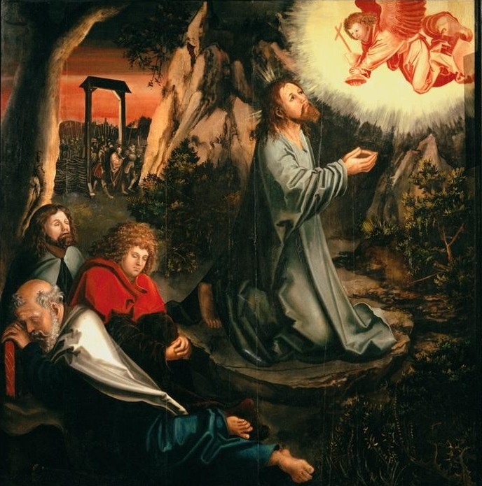 Lucas Cranach der Ältere, Christus am Ölberg (Christentum, Passion, Gebet, Religion, Neues Testament, Bibel, Garten Getsemane, Jünger, Schlaf, Gott, Escheinung, Zwiegespräch, Klassiker, Renaissance, Wunschgröße, Wohnzimmer,)