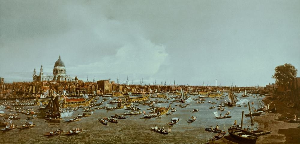 Giovanni Antonio Canaletto, London, Themse mit Blick auf die Stadt und St. Paul’s Cathe (Panorama, Wunschgröße, Malerei, London, Vedute, Stadtansicht, Städte,  Themse, Fluss, Boote, Klassiker, Wohnzimmer, bunt)