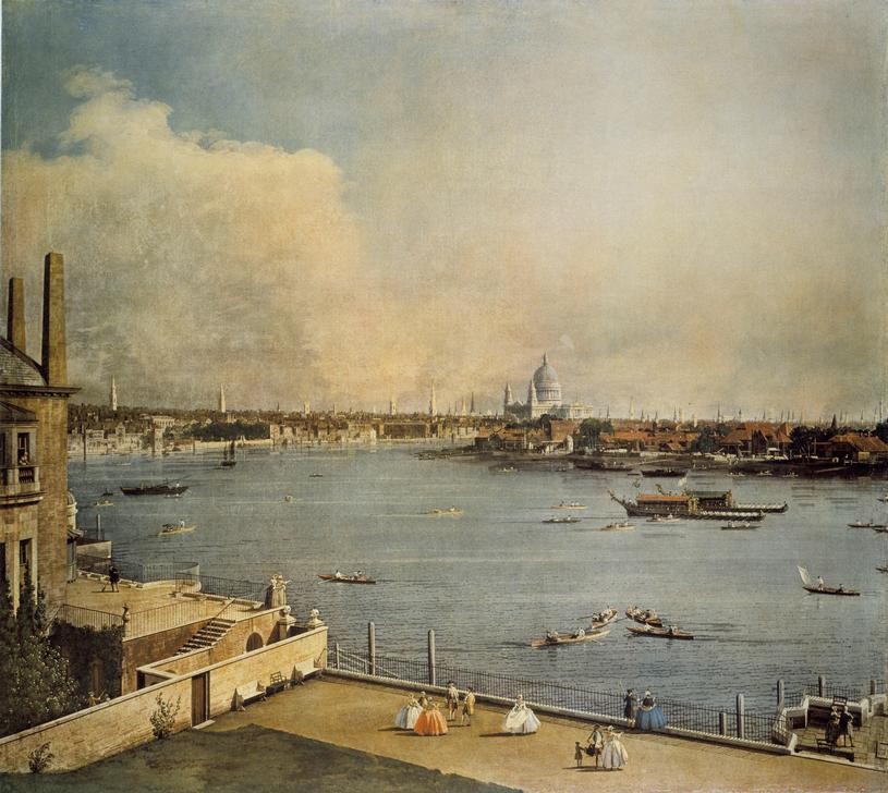 Giovanni Antonio Canaletto, Ansicht der Stadt London von der Terrasse des Richmond House aus (Panorama, Wunschgröße, Malerei, London, Vedute, Stadtansicht, Städte,  Themse, Fluss, Boote, Klassiker, Wohnzimmer, bunt)