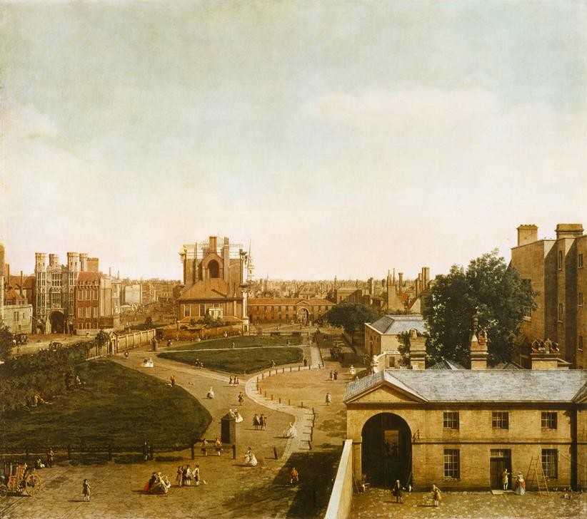 Giovanni Antonio Canaletto, Whitehall und Privy Garden von Richmond House aus (Panorama, Wunschgröße, Malerei, London, Vedute, Stadtansicht, Städte, Park, Gebäude, Architektur, Klassiker, Wohnzimmer, bunt)