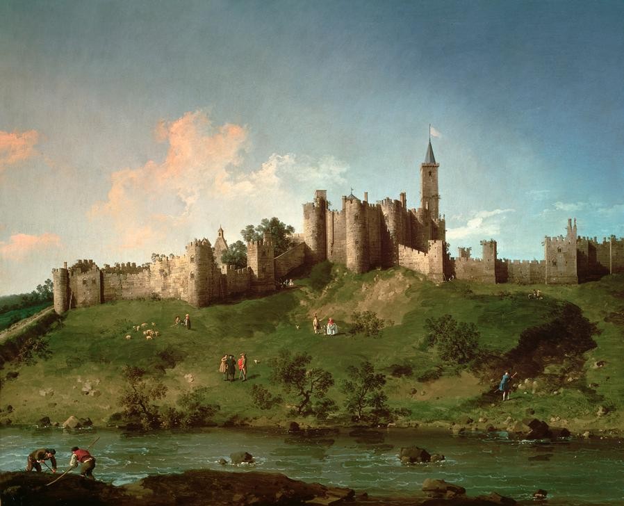 Giovanni Antonio Canaletto, Alnwick Castle (Architektur, Burg, Landschaft, Fluss, Aln, Filmkulisse, Hogwarth, England, Panorama, Wunschgröße, Klassiker, Wohnzimmer, bunt)