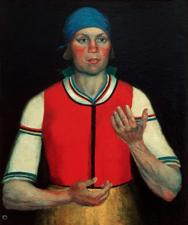 Kasimir Malewitsch, Arbeiterin (Frau,Kopfbedeckung,Kunst,Mensch,Sowjetische Kunst,Volkskunde,Hand,Portrait,Gestik,Frau Im Sozialismus,Russische Kunst,Kleidung (Allgemein),Suprematismus,Arbeiterin,Ukrainische Kunst,Halbfigur,Halbprofil,Farbigkeit,Land Und Leute,Kopftuch,Farbe)