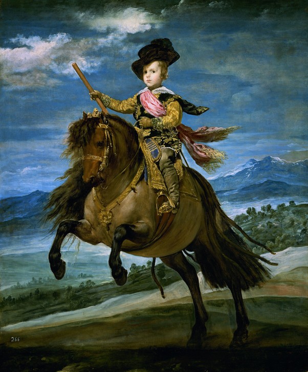 Diego Rodriguez de Silva y Velasquez, Prince Baltasar Carlos on Horseback (Figurine,Frau,Kind,Mädchen,Pferd (Tier),Portrait,Kulisse,Zepter,Knabe,Figur,Statuette,Reiterbildnis,Prinz)