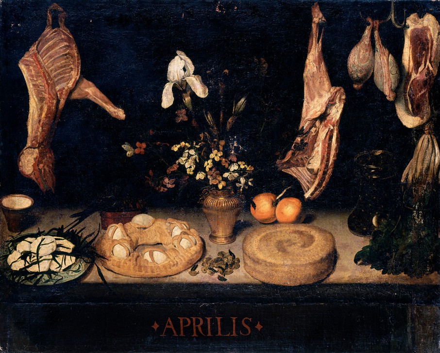 Diego Rodriguez de Silva y Velasquez, Still life relative to the month of April (April,Fleisch,Ei,Käse,Blume,Privatsammlung,Küchenstillleben)
