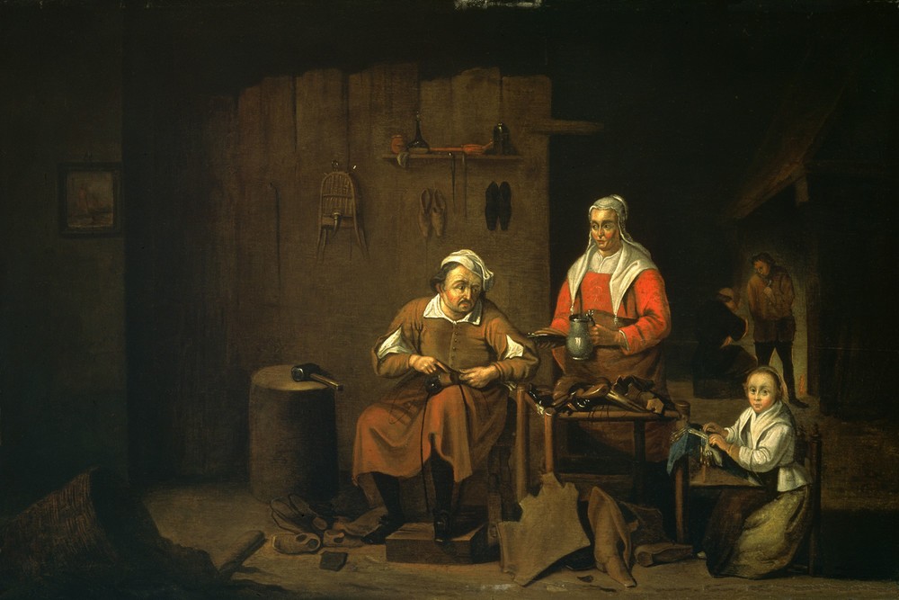 Diego Rodriguez de Silva y Velasquez, The shoemaker (Beruf,Familie,Gesellschaft,Kind,Mädchen,Mode,Schuhe (Schuh),Schuhmacher,Sozialistische Einheitspartei Westberlins,Werkstatt (Allgemein),Stricken,Nähen,Kopfschmuck,Knabe,Nadel,Flechten (Materialien),Büro,Flickschuster,Weben)