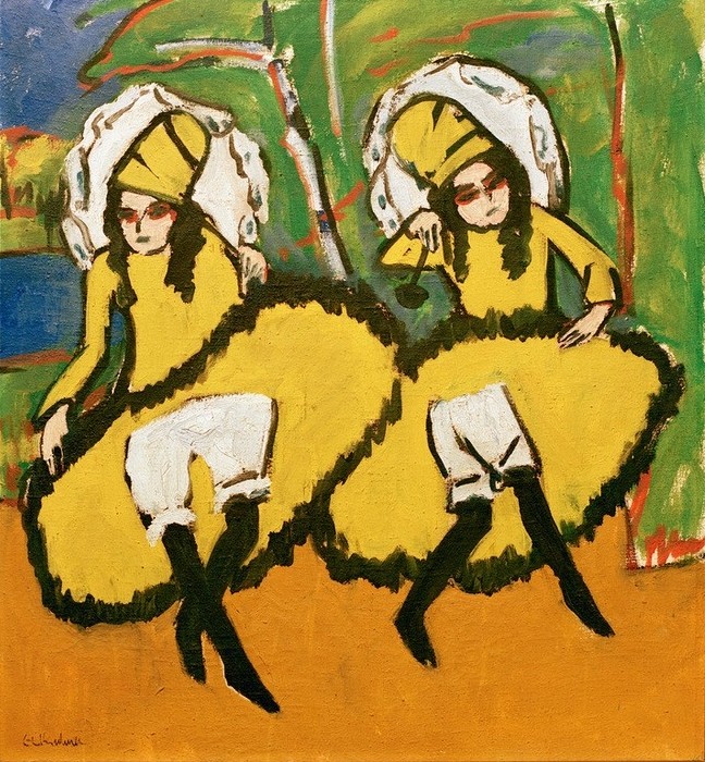 Ernst Ludwig Kirchner, Zwei Tänzerinnen (Revuetänzerin,Ballett,Deutsche Kunst,Frau,Kabarett Und Variete,Kunst,Nachtleben,Tänzerin,Tanz,Theater,Unterwäsche (Damen),Variete (Entertainment),Revue (Musiktheater),Portrait,Expressionismus,Die Brücke,Cancan,Revue-Girl,Doppelportrait,Ganzfigurig,Gelb,Ta)