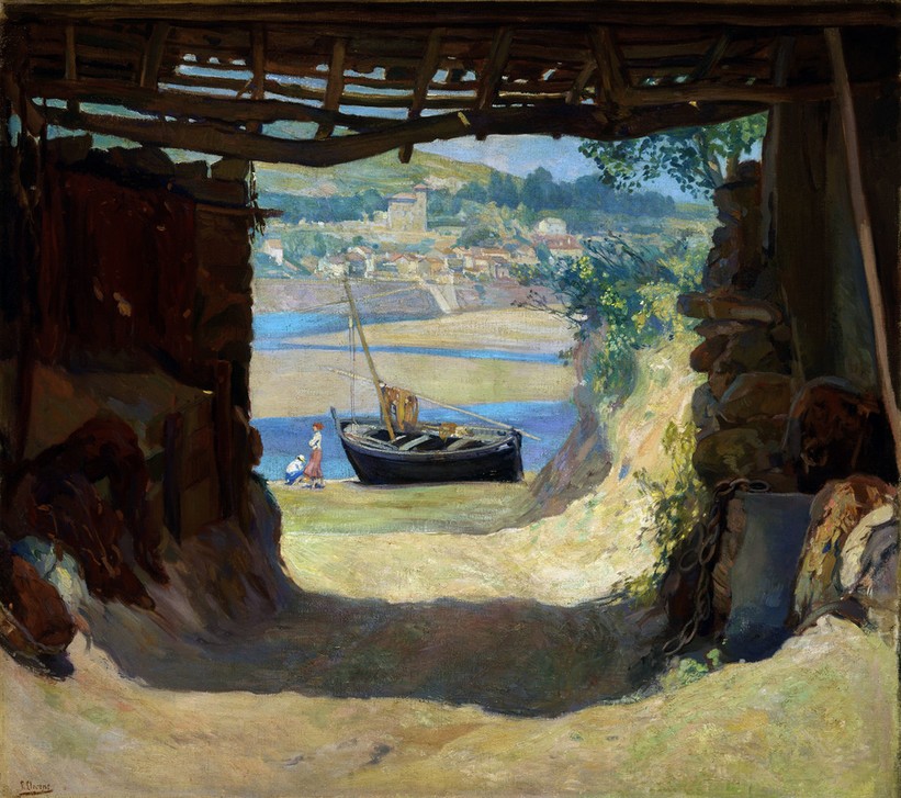 Francisco Llorens Diaz, EL COBERTIZO (Sand, Strand, Durchgang, Fischerboot, Landschaft,  klassische Moderne,   Wohnzimmer, Impressionismus Wunschgröße, Malerei)