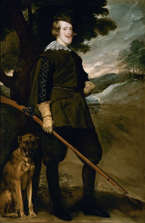 Diego Rodriguez de Silva y Velasquez, Felipe IV in Hunting Garb (Herrenmode,Jagd,König,Kopfbedeckung,Mode,Waffe,Hut,Barock,Hund,Schnurrbart,Portrait,Kulisse,Stock,Schrotflinte,Sombrero,Hakenbüchse,Tier,Bartpflege,Mütze)