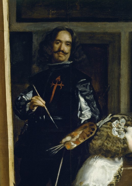 Diego Rodriguez de Silva y Velasquez, Las Meninas (Atelier,Geschichte,Hofdame,Künstlerleben,Künstler,Kunst,Barock,Selbstbildnis,Künstler Bei Der Arbeit,Schnurrbart,Portrait,Prinzessin,Palette,Adel,Spanische Kunst,Pinsel,Infantin,Berühmte Kunstwerke,Person,Ausschnitt)