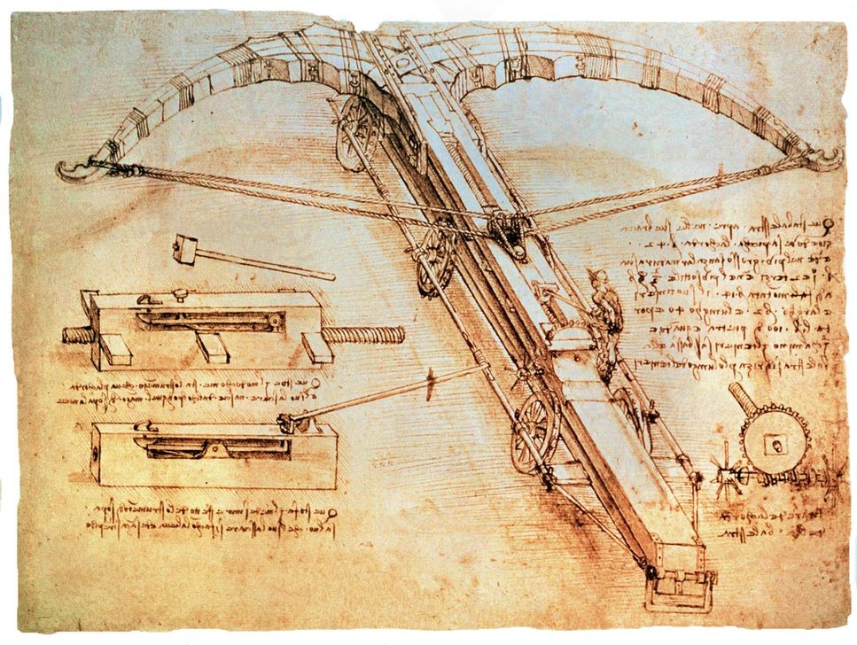 Leonardo da Vinci, Riesenarmbrust (Armbrust,Artillerie,Handschrift,Kunst,Militär,Waffe,Renaissance,Autograph,Technik,Italienische Kunst,Zeichnen,Erfindung,Wurfmaschine,Kriegsmaschine,Belagerungsmaschine,Codex Atlanticus,Katapult)