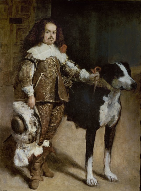 Diego Rodriguez de Silva y Velasquez, Portrait of a Buffoon with a Dog (Figurine,Herrenmode,Zwerg,Hund,Portrait,Anzug,Stock,Clown,Beschneiden,Figur,Tier,Statuette,Zuschnitt,Cut,Spassvogel)
