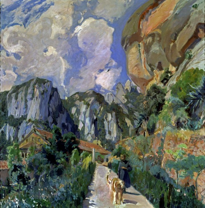 Joaquim Mir, Der Garten der Ministranten, Montserrat (Landschaft, Gebirge, Weg, Ministrant, Mönch, Hund, Spaziergang, Katalonien, Post-Modernisme, Malerei, Klassische Moderne, Wunschgröße, Wohnzimmer, Treppenhaus, bunt)