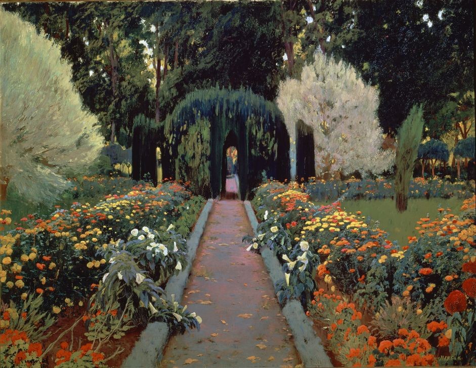 Santiago Rusinol, Jardines de Aranjuez (Die Laube) (Haus,Park,Frühling,Baum,Hausgarten,Blume,Grün,Begrünung,Promenade,Grünanlage,Garten)
