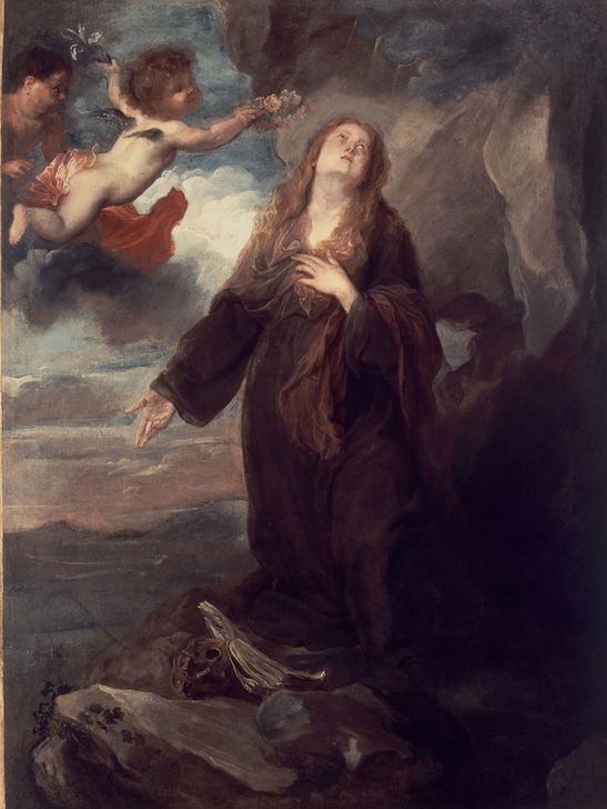 Anthonis van Dyck, St Rosalia Crowned with Roses by Two Angels (Heilige, Engel, Krönung, Rosen,  Blumenkranz,  Putti, Schädel, Buch, Felsen, Barock, Klassiker, Wunschgröße, Wohnzimmer)