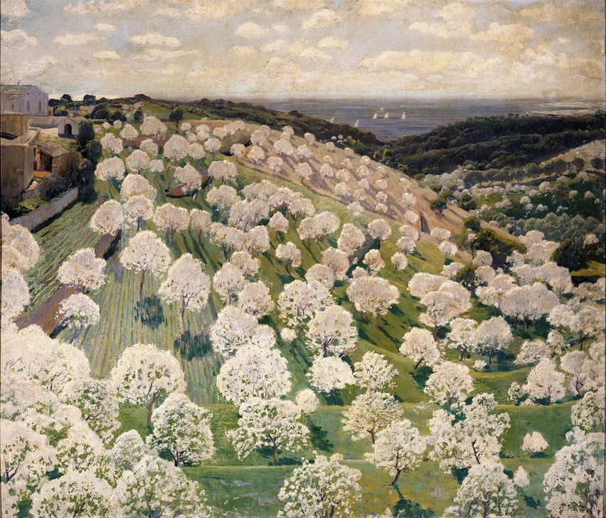 Santiago Rusinol, Blühende Mandelbäume auf Mallorca (Haus,Landschaft,Mandel (Botanik),Park,Frühling,Realismus,Kulisse,Baum,Hausgarten,Feld,Katalanische Kunst,Mandelblüte,Mandelbaum,Grünanlage,Garten)