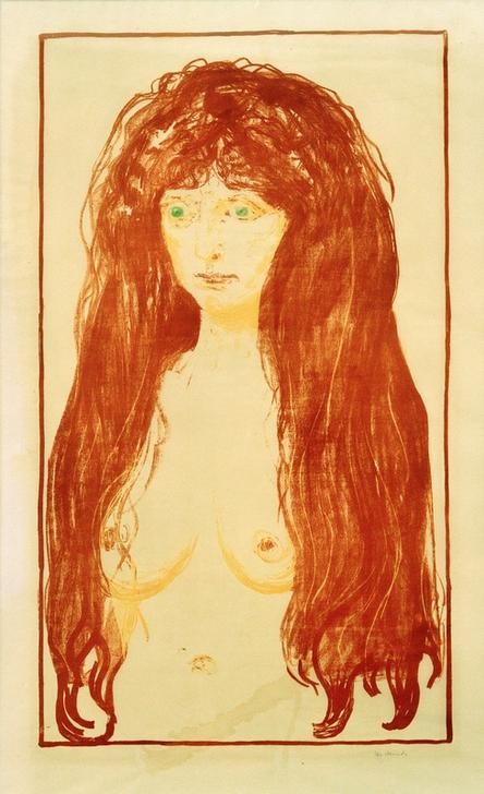Edvard Munch, 'Die Sünde’, Akt mit roten Haaren und grünen Augen (Erotik,Frau,Kunst,Mensch,Symbolismus,Akt,Busen,Femme Fatale,Portrait,Moral,Expressionismus,Verführung,Sünde,Norwegische Kunst,Sexualität,Rote Haare,Langes Haar,Jahrhundertwende,Skandinavische Kunst,Halbfigur,Grüne Augen,Signatur)