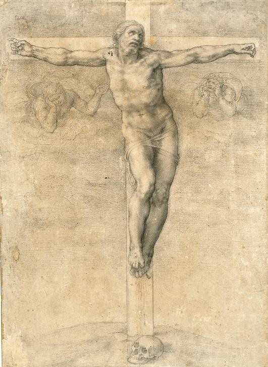 MICHELANGELO BUONARROTI, Kreuzigung mit zwei Engeln (Kreuzigung, Christus, Zeichnung, Christentum, Engel, Schädel, Religion, Klassiker, Renaissance, Wunschgröße, schwarz/weiß)