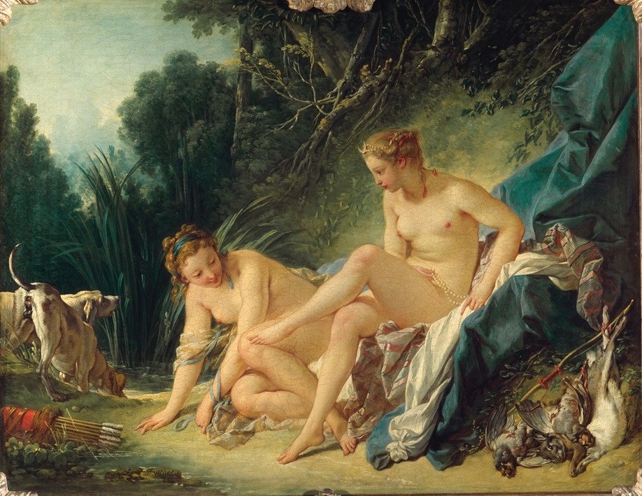 Francois Boucher, Diane sortant du bain (Bad Im Freien,Bad,Frau,Griechische Kunst,Jäger,Jagd,Mädchen,Mythologie,Römisch,Hund,Akt,Rokoko,Portrait,Jagdhund,Französische Kunst,Götter,Schilf,Göttin,Kopf,Jagdstillleben,Griechisch-Römische Mythologie)