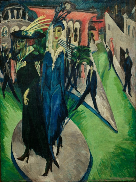 Ernst Ludwig Kirchner, Potsdamer Platz (Damenhut,Damenmode,Deutsche Kunst,Frau,Geographie,Kopfbedeckung,Kunst,Mode,Prostitution,Strassenszene,Szene,Verkehr,Platz,Hut,Grossstadt,Prostituierte,Expressionismus,Die Brücke,Fussgänger,Topographie,Passant,Stadtleben)