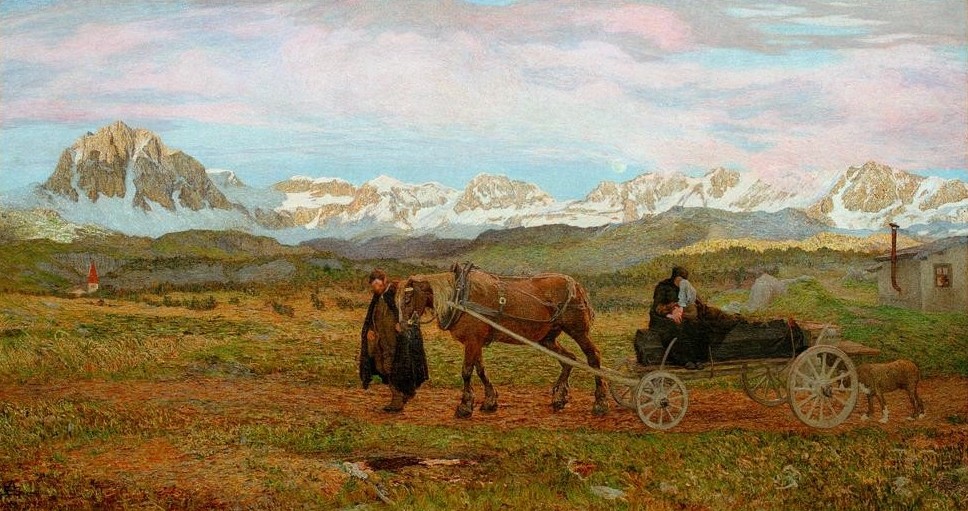 Giovanni Segantini, Rückkehr zur Heimat (Begräbnis, Landschaft, Berge, Landschaftsmalerei, Mensch, Tod, Trauer, Leichentransport, Realismus, klassische Moderne, Wunschgröße, Wohnzimmer)