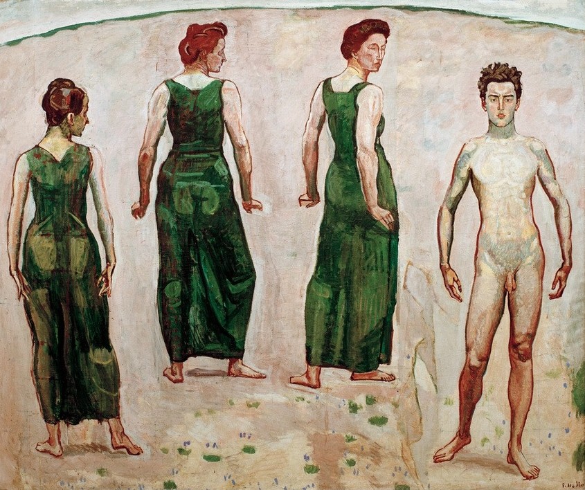 Ferdinand Hodler, Jüngling vom Weibe bewundert II (Erotik,Jugend (Lebensalter),Jugendstil,Mann,Symbolismus,Akt,Libido,Jüngling,Schweizerische Kunst)