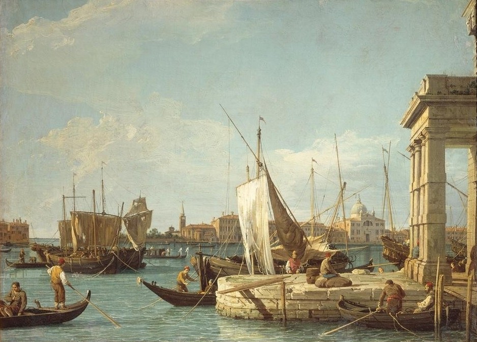 Giovanni Antonio Canaletto, The Customhouse, Venice (Architektur, Wunschgröße, Malerei, Venedig, Städte, Lagune, Zoll, Dogana, Gondeln, Boote, Alltag, Italien, Klassiker, Wohnzimmer, bunt)