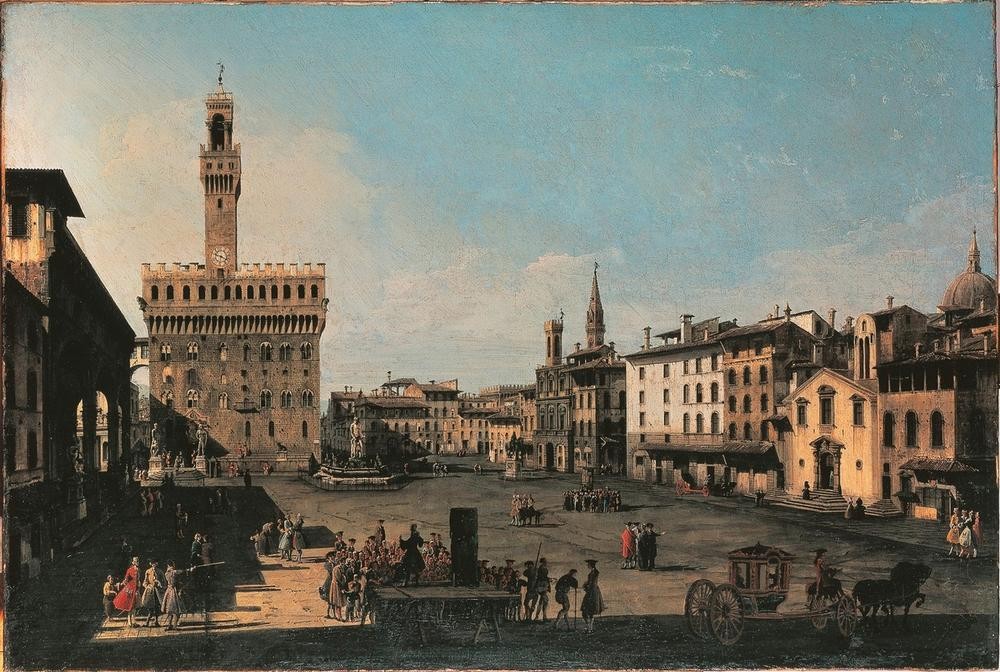 Bernardo Bellotto, Signoria Palace in Florence (Städte, Florenz, Italien, Vedute, mittelalterliche Stadt, Palast, historisch, Malerei, Wohnzimmer, Wunschgröße, Klassiker, bunt)