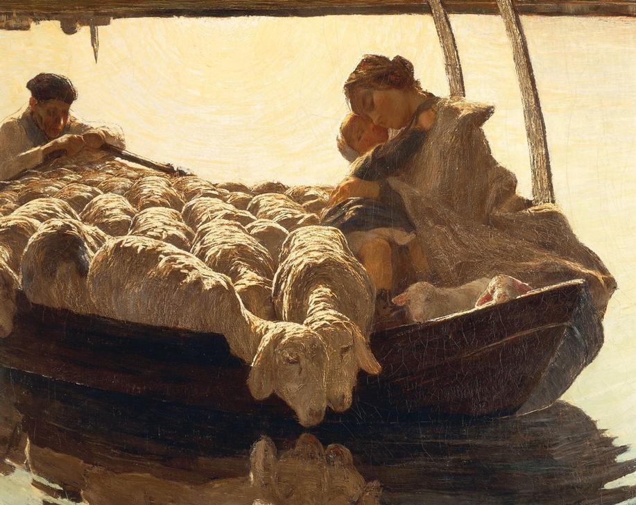 Giovanni Segantini, Ave Maria (Abendgebet, Schafe, Transport, Herde, Boot, Familie, Sonnenlicht, See, Spiegelungen, Realismus, Malerei, klassische Moderne, Wunschgröße, Detail, Wohnzimmer)