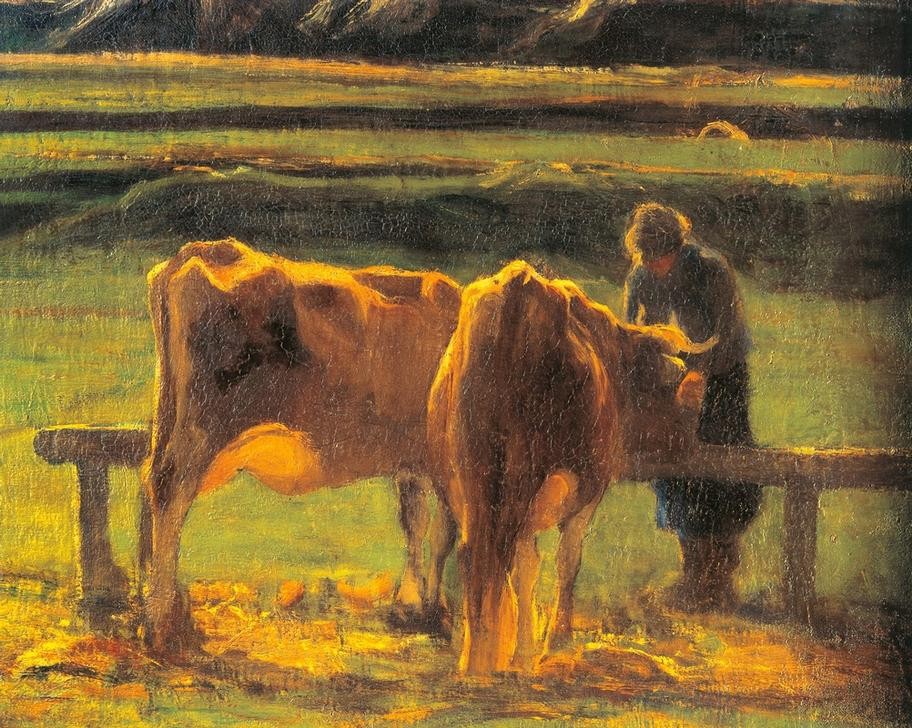 Giovanni Segantini, At the Bar (Landschaft, Viehweide, Fütterung, Kühe, Bäuerin, Landwirtschaft, Sonnenuntergang, Realismus, Malerei, klassische Moderne, Wunschgröße, Wohnzimmer)