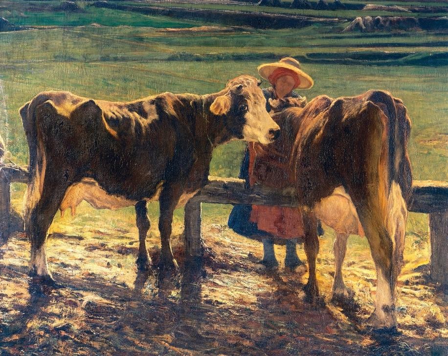 Giovanni Segantini, At the Bar (Landschaft, Viehweide, Fütterung, Kühe, Bäuerin, Landwirtschaft, Realismus, Malerei, klassische Moderne, Wunschgröße, Wohnzimmer)