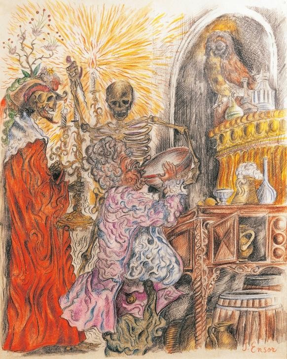 James Ensor, Der letzte Tropfen (Alkohol,Dolch,Eule,Fettleibigkeit,Kunst,Laster,Tod,Skelett,Symbolismus,Trinken,Allegorie,Gier,Alkoholismus,Attentat,Knochenmann,Expressionismus,Fass,Kerze (Licht),Messer,Mord,Vanitas,Phantastische Kunst,Licht,Memento Mori,Belgische Kunst,Erstechen,Schüsse)