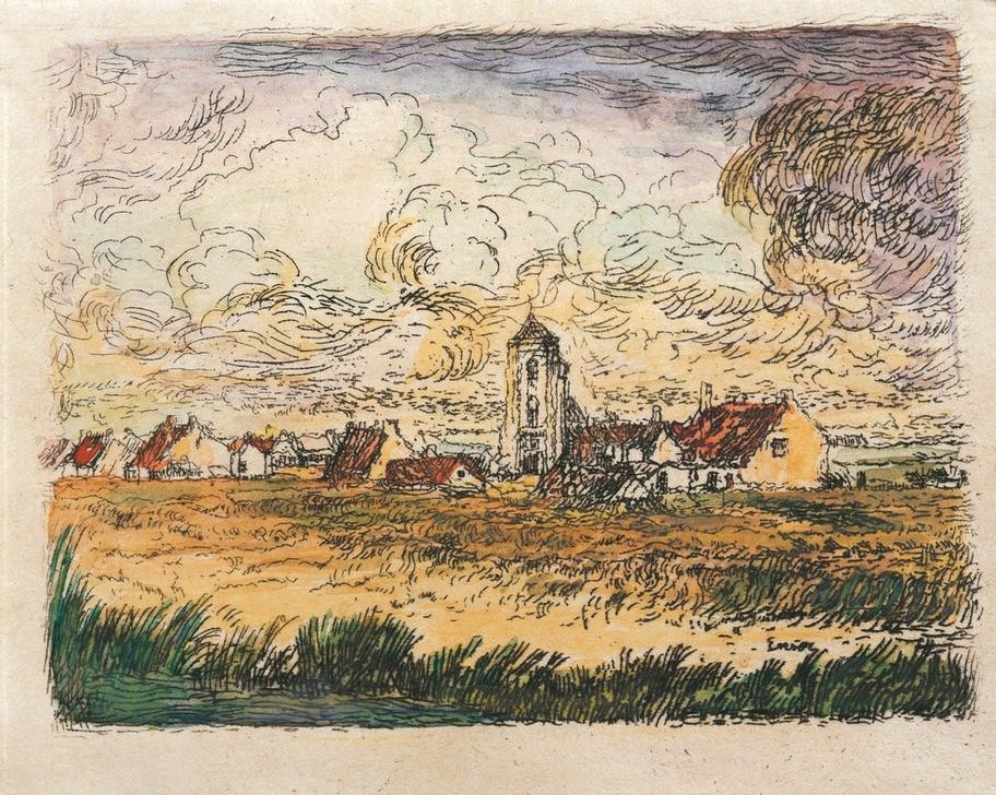 James Ensor, Petite vue de Mariakerke (Architektur,Dorf,Getreideanbau,Haus,Himmel (Natur),Kirche,Kunst,Landschaft,Turm,Wolke,Expressionismus,Getreide,Architekturdarstellung,Feld,Belgische Kunst,Idylle,Getreidefeld,Kirchturm,Postimpressionismus,Landwirtschaft)