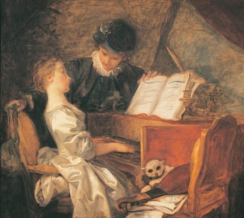 Jean-Honoré Fragonard, The Music Lesson (Cembalo, junge Frau, Musiklehrer, Notenblätter, Katze,  Musik, Interieur, Wohnzimmer, Rokoko, Malerei, Wunschgröße  Klassiker, bunt)