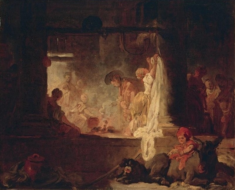 Jean-Honoré Fragonard, The Waterwomen (Feuerstelle, Frauen, Hund, Esel, Wassertöpfe, Wohnzimmer, Rokoko, Malerei, Wunschgröße  Klassiker, bunt)