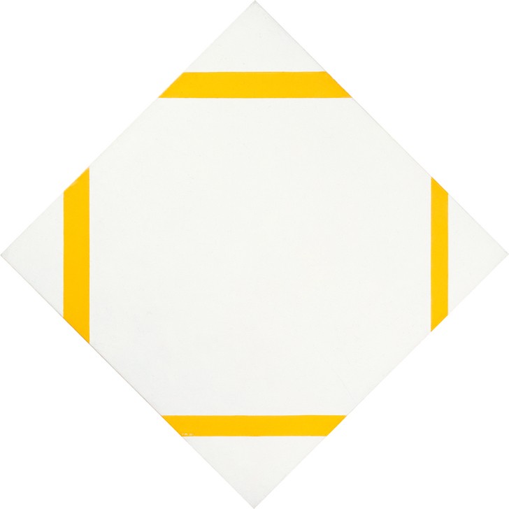 Piet Mondrian, Lozenge Composition with Four Yellow Lines (Geschichte,Kunst,Weissgrundig,Symmetrie,Gelb)