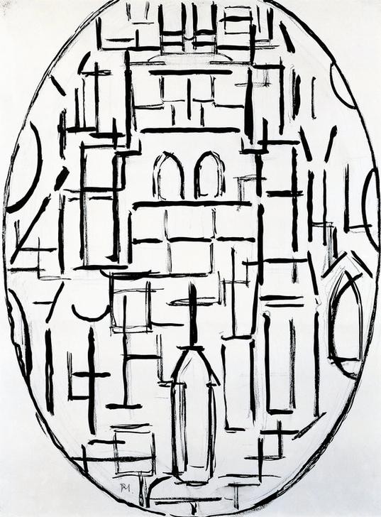 Piet Mondrian, Church at Domburg (Kunst,Religion,Weissgrundig,Schwarz Und Weiss,Ellipse)