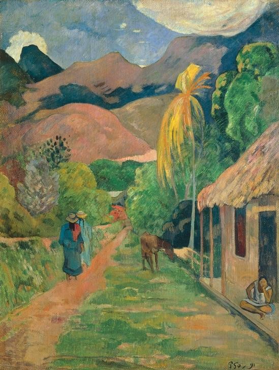Paul Gauguin, Rue de Tahiti (Palme,Baum,Fussweg,Tag,Idylle,Exotik,Strauch,Natur,Berg,Postimpressionismus,Reetdach)