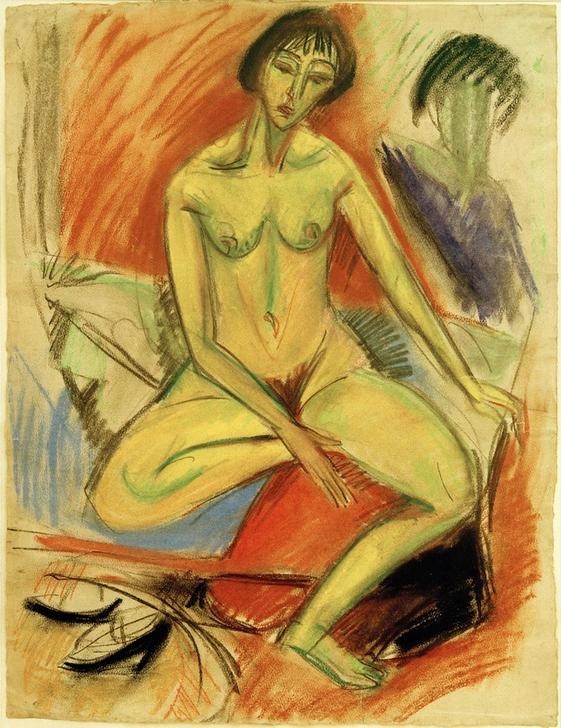 Ernst Ludwig Kirchner, Sitzender weiblicher Akt (Bett,Deutsche Kunst,Frau,Kunst,Akt,Expressionismus,Die Brücke,Sitzen,Ganzfigurig)