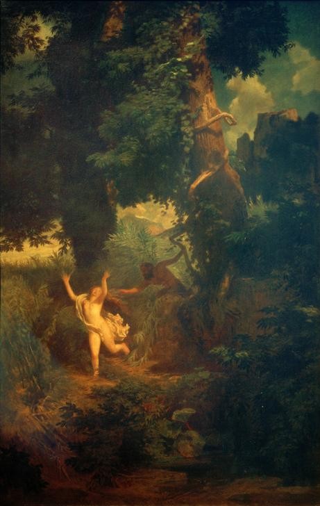 Arnold Böcklin, Syrinx flieht vor Pan (Mythologie, Nymphe, Flucht, Wald, Götter, Symbolismus, Wunschgröße, Klassiker, Wohnzimmer, bunt)