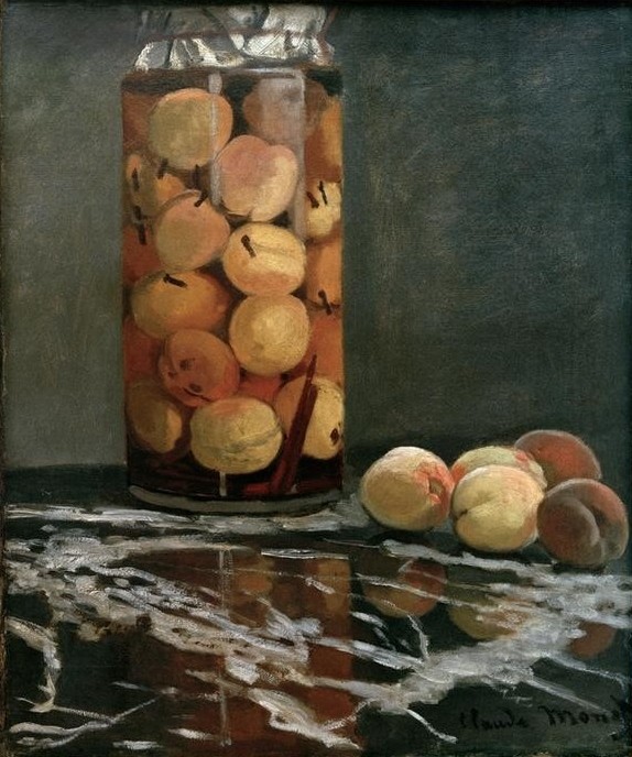 Claude Monet, Bocal de pêches (Früchte,Glas,Konserve,Konservierung,Kunst,Obst,Vorratswirtschaft,Impressionismus,Nahrungsmittel,Stillleben,Pfirsich,Französische Kunst,Einweckglas)