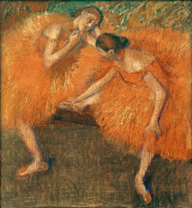 Edgar Degas, Zwei Tänzerinnen (Ballett,Frau,Kunst,Tänzerin,Tanz,Theater,Impressionismus,Französische Kunst,Jahrhundertwende,Junge Frau,Orange (Farbe),Tüll,Tutu (Ballett))