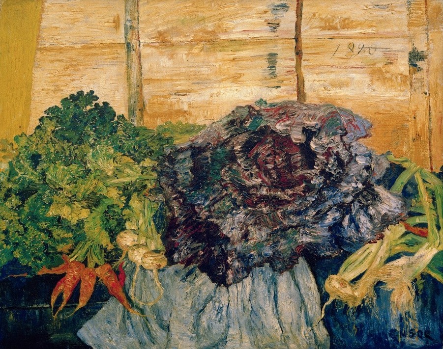 James Ensor, Stilleben mit Rotkohl (Gemüse,Kunst,Impressionismus,Nahrungsmittel,Stillleben,Kohl,Belgische Kunst,Rotkohl,Mohrrübe,Sellerie)