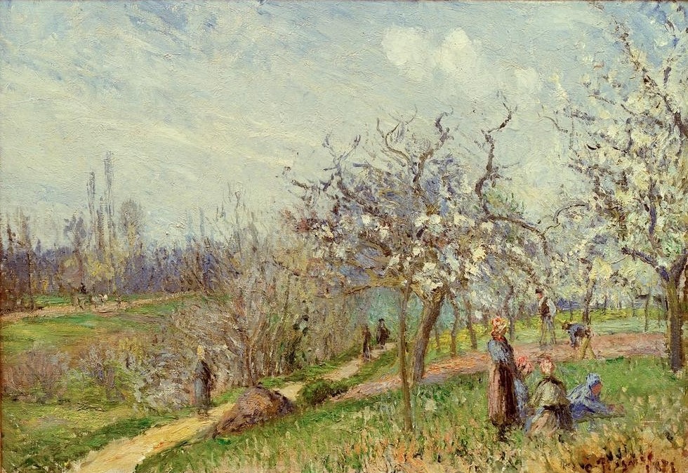 Camille Pissarro, Blühender Obstgarten (Baumblüte,Jahreszeiten,Landschaft,Obstbau,Impressionismus,Frühling,Schule Von Barbizon,Französische Kunst,Menschen Im Garten,Landwirtschaft)