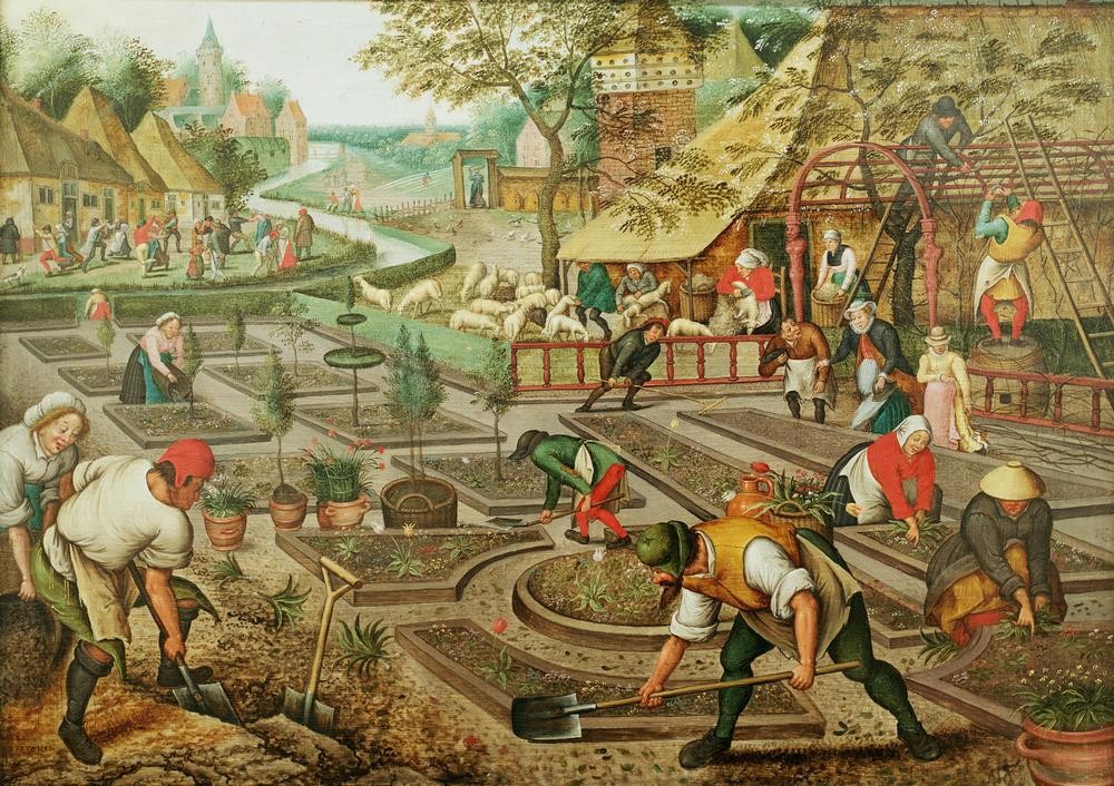 Pieter Brueghel der Jüngere, Frühling (Arbeit,Gärtner,Geräte,Jahr Und Kalender,Jahreszeiten,Schafzucht,Barockgarten,Frühling,Schaufel,Werkzeug,Manierismus,Gartenarbeit,Niederländische Kunst,Spaten,Ziergarten,Gartenarchitektur,Gärtnerin,Umgraben,Anpflanzen,Graben (Tätigkeit),Gartenbau,Beet,Gart)