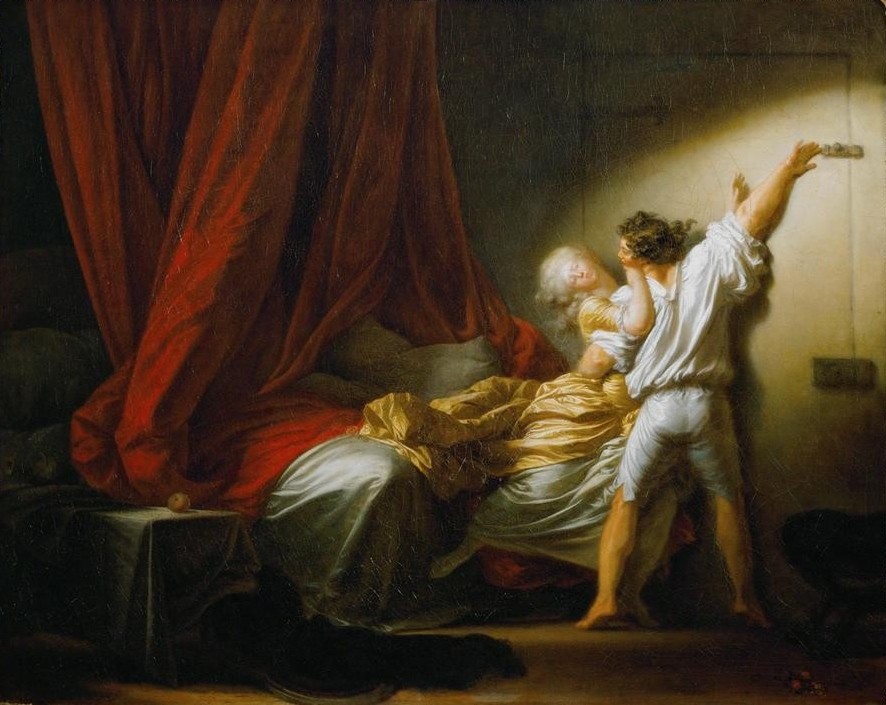 Jean-Honoré Fragonard, Le verrou (Bett, Erotik, Paar, Gewalt, Riegel, Türschloss, einsperren, Nötigung, Erregung, Verbrechen, Wohnzimmer, Rokoko, Malerei, Wunschgröße  Klassiker, bunt)