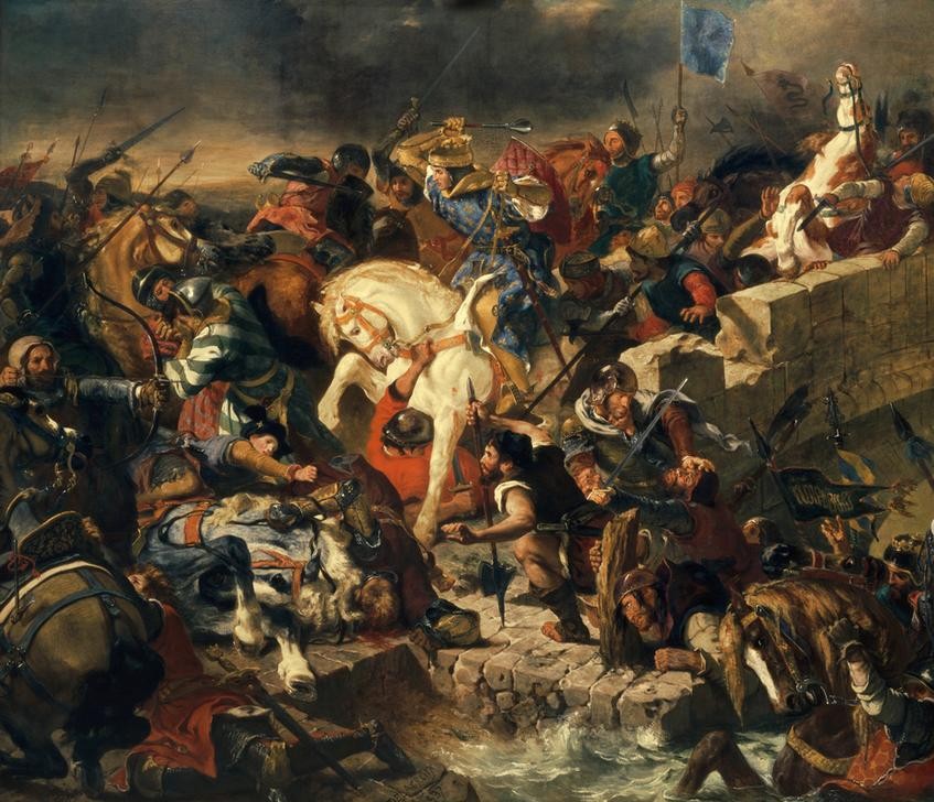 Eugene Delacroix, Die Schlacht bei Taillebourg (Geschichte, Krieg, Schlacht,Frankreich, England, Krieger, Pferde, kampf, Gefallene, Waffen, Raserei,  Wunschgröße, Spätromantik, Klassiker, Malerei, Wohnzimmer, bunt)