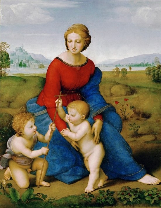 Raffael, Madonna im Grünen (Heilige,Kind,Kunst,Landschaft,Religion,Renaissance,Maria Mit Kind,Jungfrau,Italienische Kunst,Jesusknabe,Im Freien (Allgemein),Hochrenaissance)