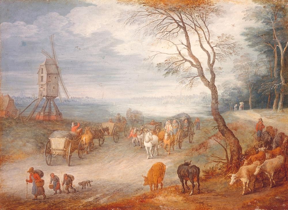Jan Brueghel der Ältere, Landschaft mit Windmühle (Flämische Kunst,Landstrasse,Landschaft,Mühle,Pferdewagen,Strasse (Allgemein),Transport,Verkehr,Windmühle,Barock,Ebene,Fussweg,Viehtrieb,Fussreise,Niederländische Kunst,Güterverkehr,Strasse (Unbefestigt),Sterz,Bockwindmühle,Fuhrwerk)