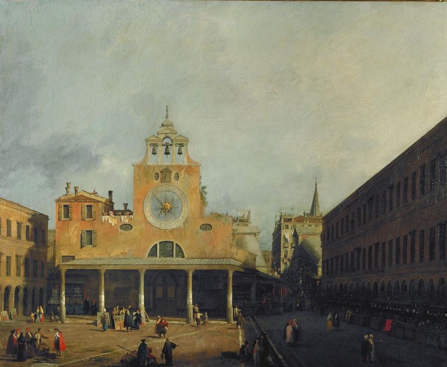 Giovanni Antonio Canaletto, Der Platz von San Giacomo di Rialto in Venedig (Architektur, Wunschgröße, Malerei, Venedig, Städte, Platz, Rialto, Kirche, Sonnenuhr, Händler, Kunsthändler, Alltag, Italien, Klassiker, Wohnzimmer, bunt)